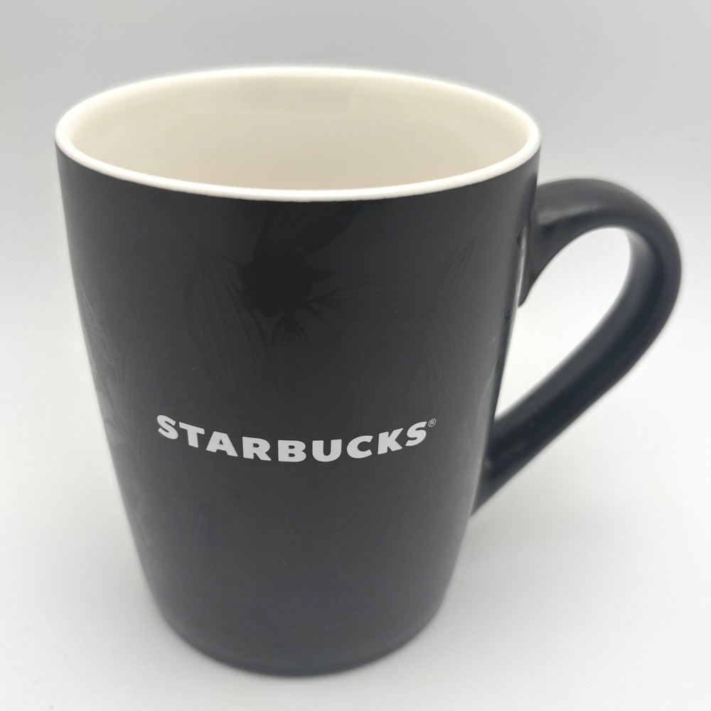 Starbucks Matte Black Floral Leaf Coffee Mug 10oz 2020 White Interior Ceramic